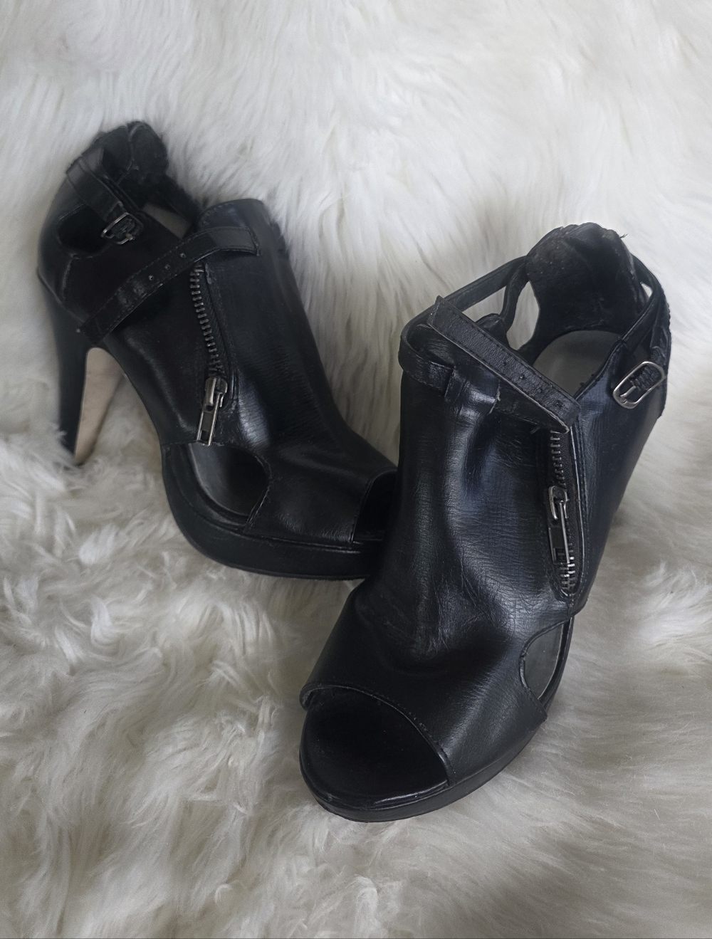 Madden Girl Black Peep Toe Heeled Booties Cutout Zip Ankle Heels